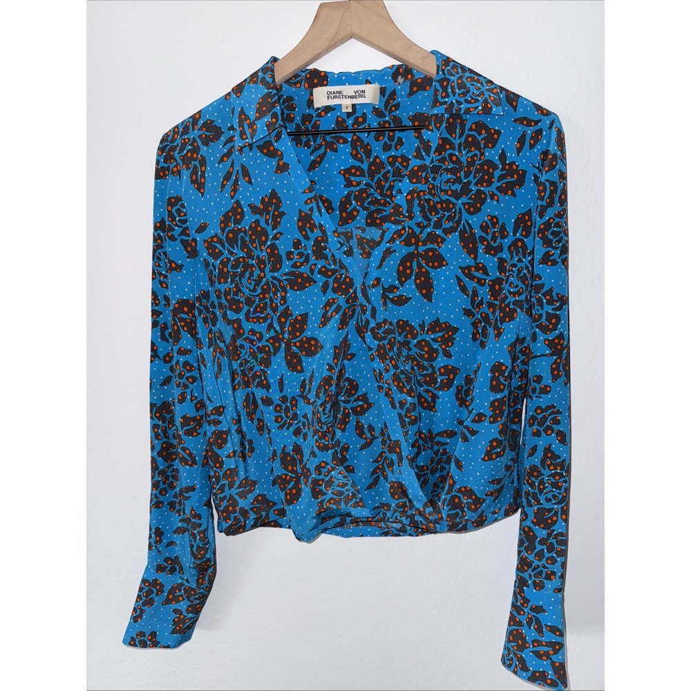 Diane von Furstenberg DVF Blue Floral Dot Silk Wrap Blouse Top Size 2 Small